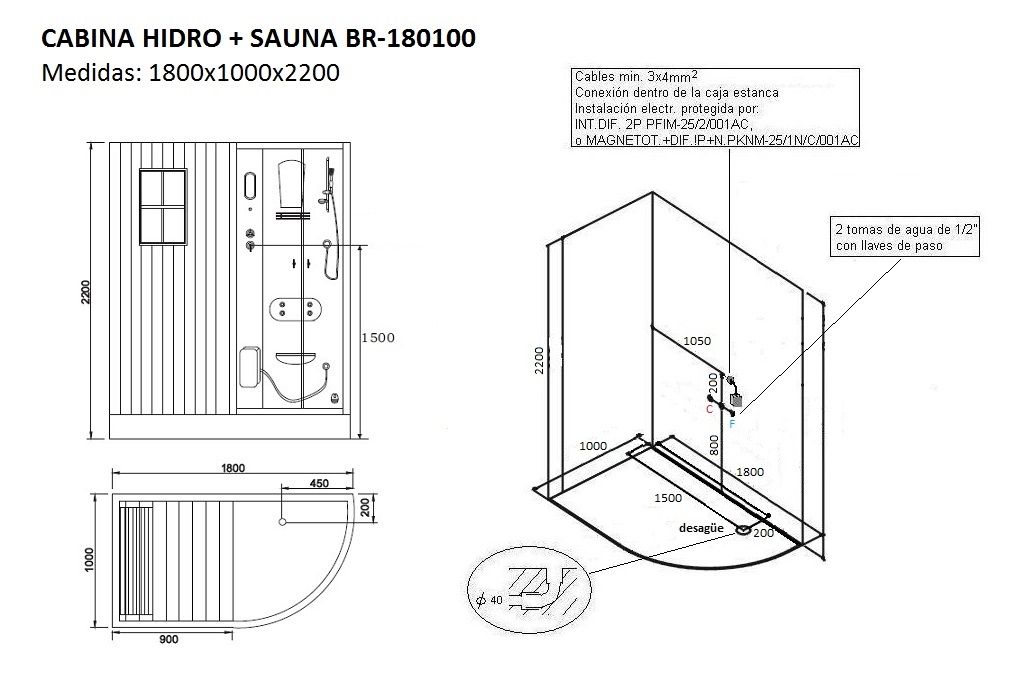 Cabina de hidromasaje con sauna BR-180100. Cabinas Serie Sauna
